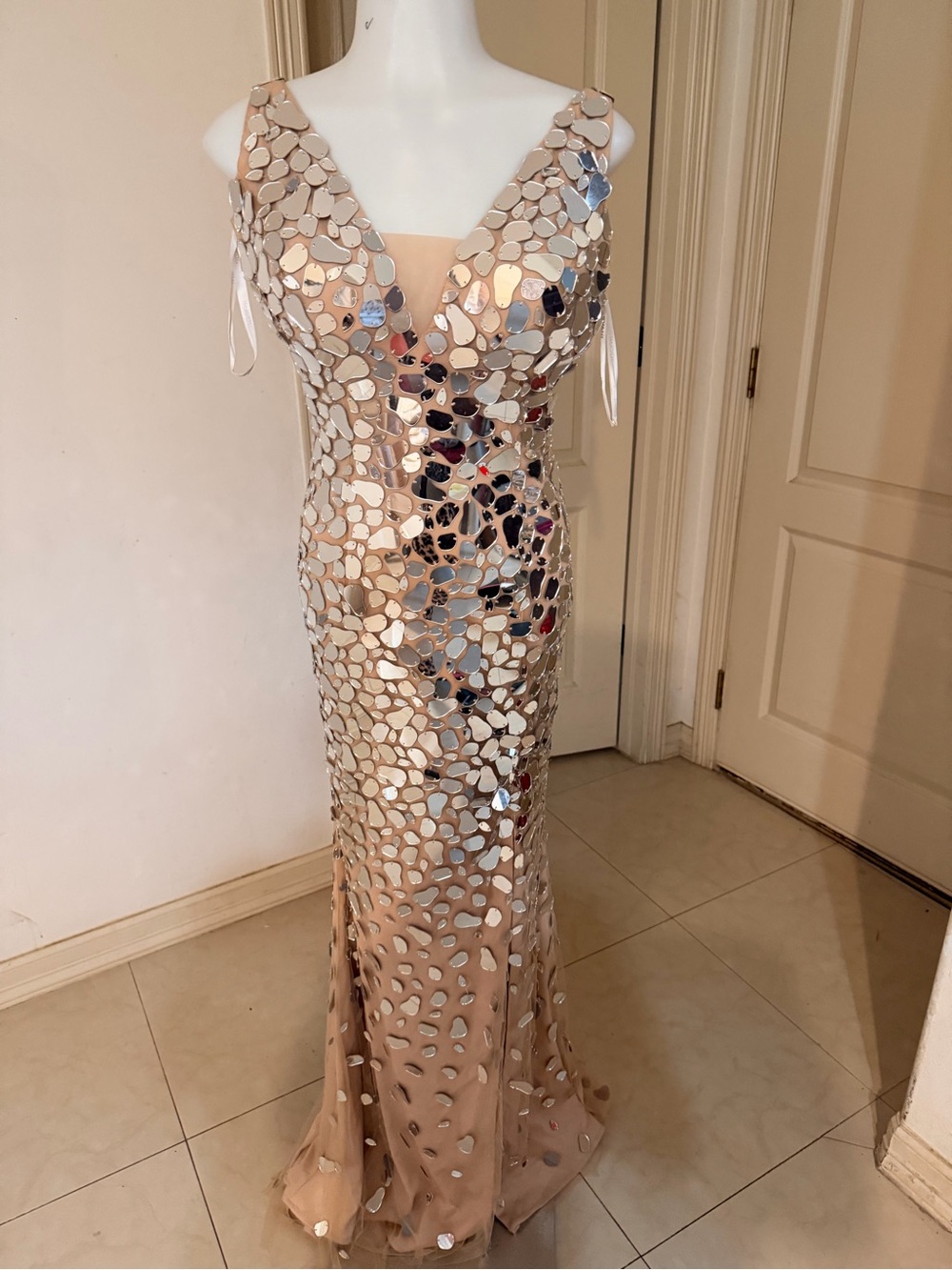 Jovani Nude Maxi Gown with Silver Mirror Petals - Picture 3 of 3